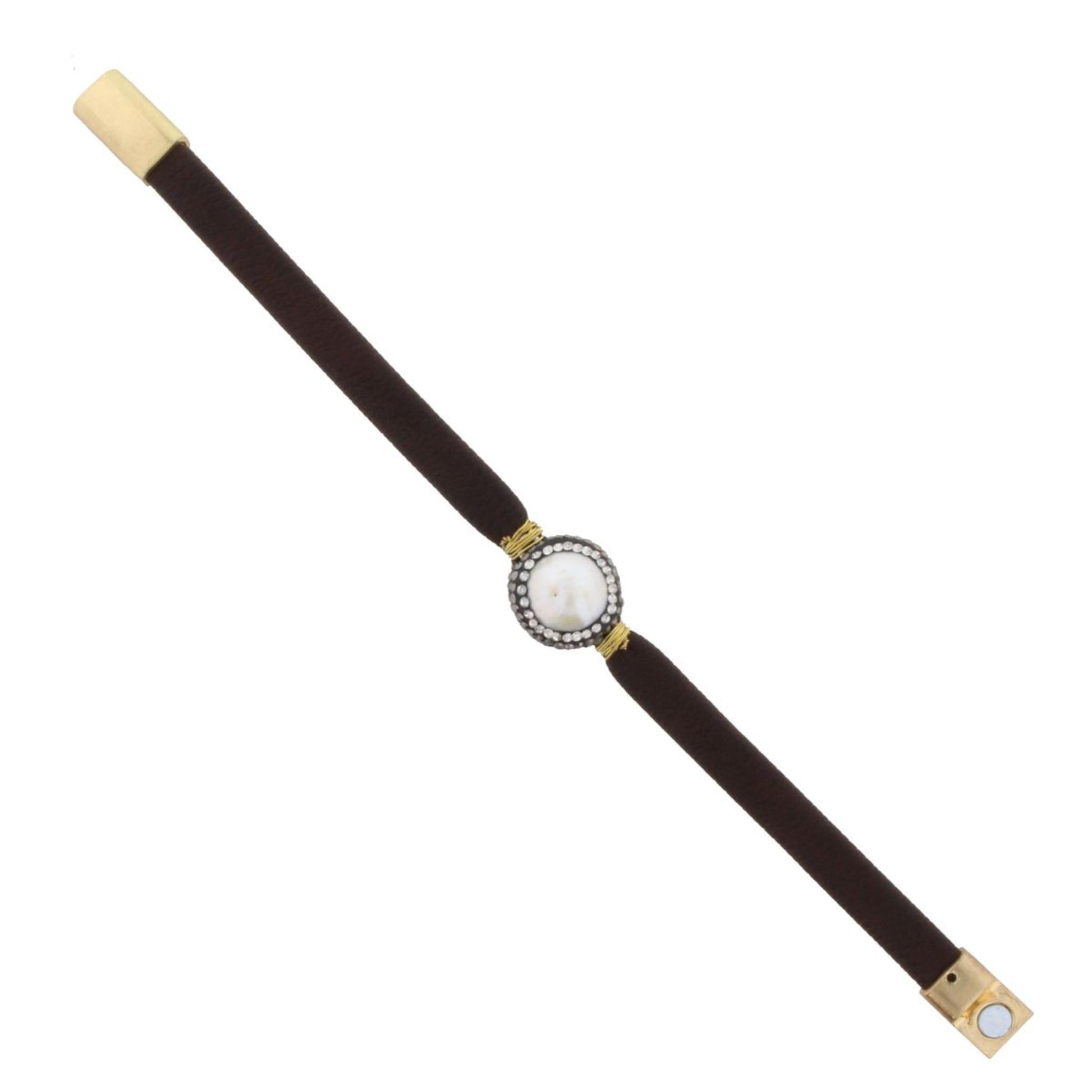 Dark Brown Leather Bracelet with Pave Pearl