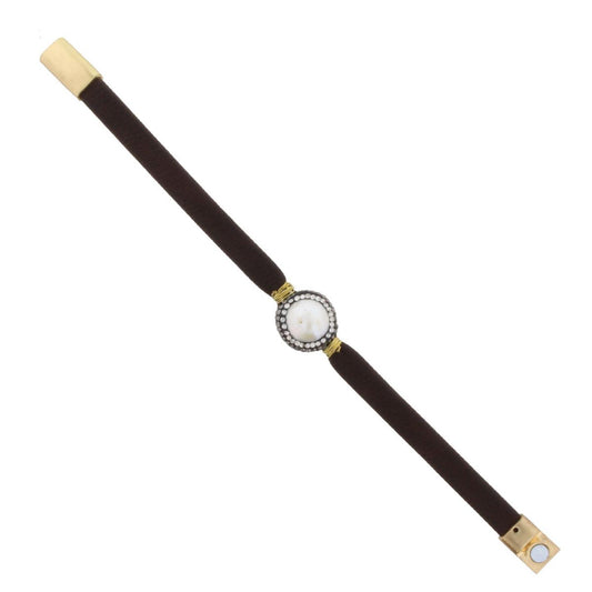 Dark Brown Leather Bracelet with Pave Pearl