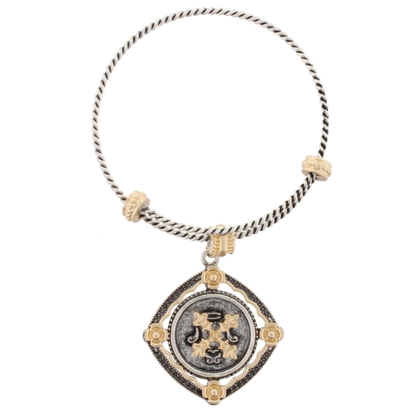 Silver Bangle Bracelet with "Deuteronomy 31:6" Double Sided Charm