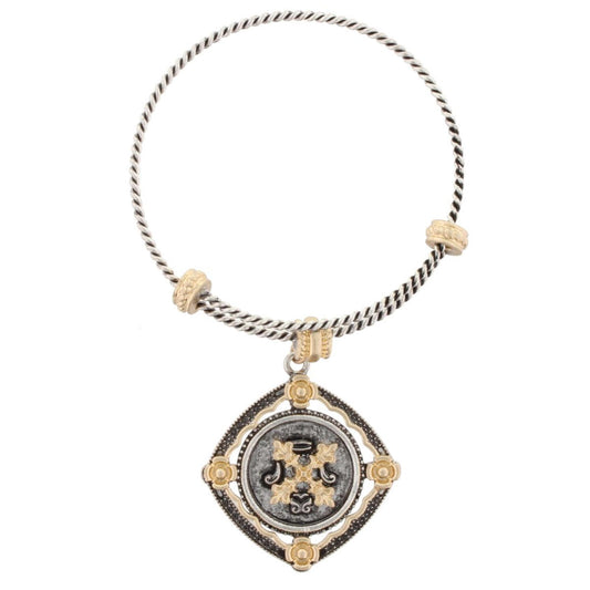 Silver Bangle Bracelet with "Deuteronomy 31:6" Double Sided Charm
