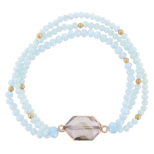 Light Blue Beaded 3 Strand Stretch Bracelet with Black Diamond Crystal