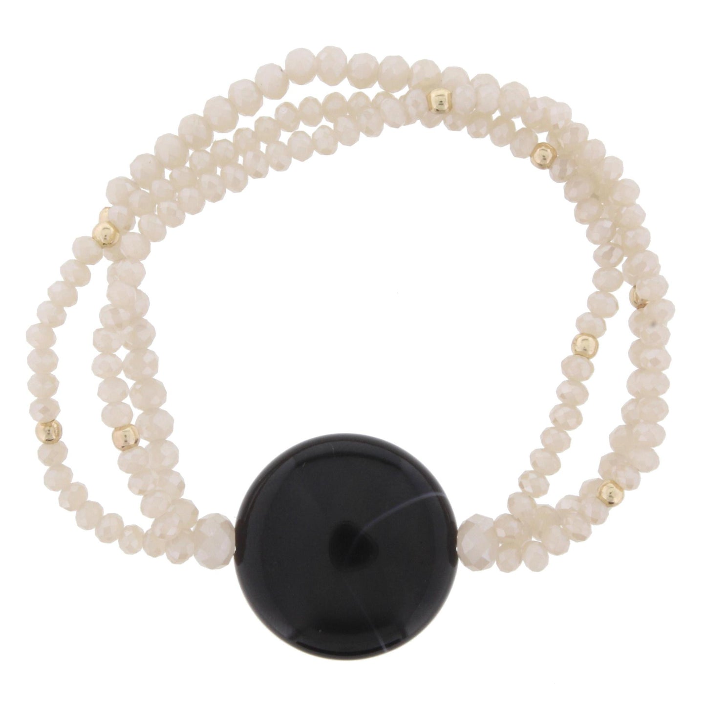 Nude Beaded 3 Strand Stretch Bracelet with Jet Circle
