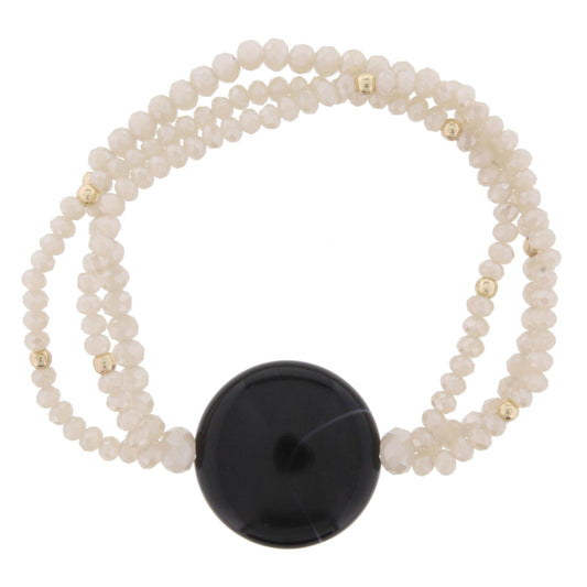 Nude Beaded 3 Strand Stretch Bracelet with Jet Circle