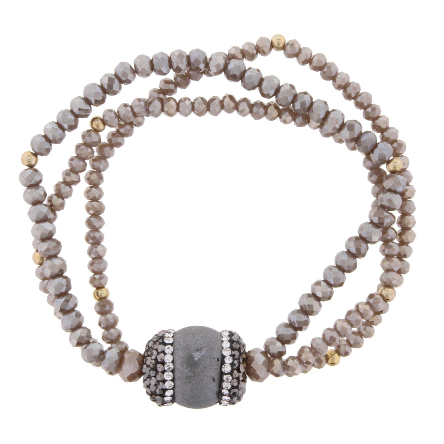 Greige Beaded 3 Strand Stretch Bracelet with Pave Druzy Bead