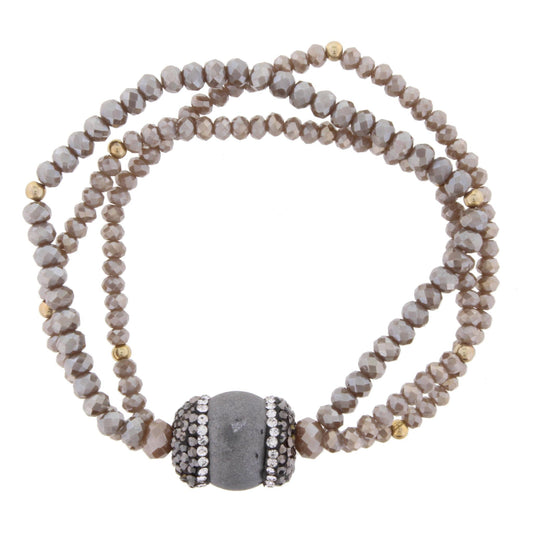 Greige Beaded 3 Strand Stretch Bracelet with Pave Druzy Bead