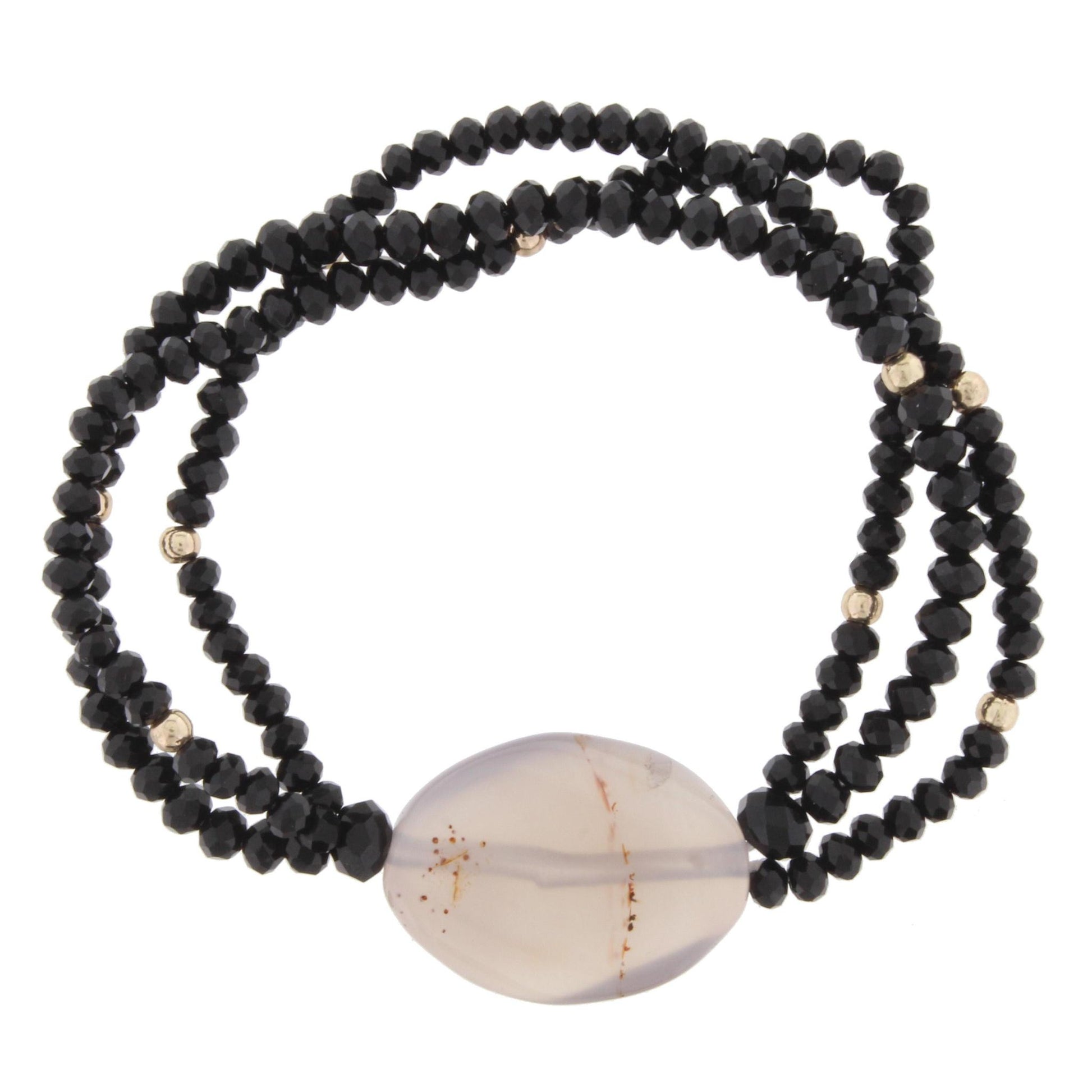 Jet Beaded 3 Strand Stretch Bracelet with Grey Stone