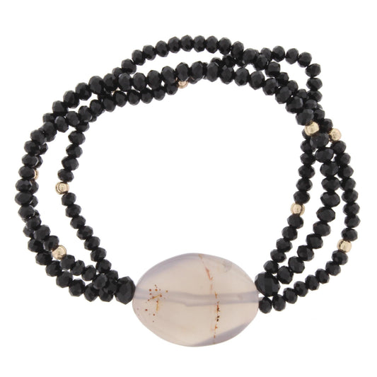 Jet Beaded 3 Strand Stretch Bracelet with Grey Stone