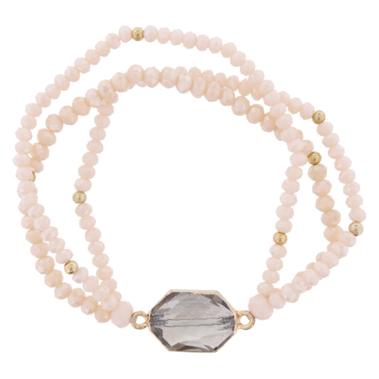 Light Pink Beaded 3 Strand Stretch Bracelet with Black Diamond Crystal