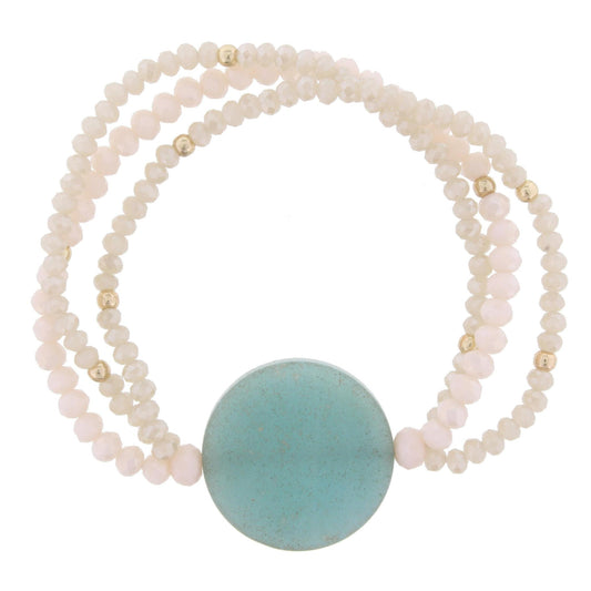 Nude Beaded 3 Strand Stretch Bracelet with Amazonite Circle