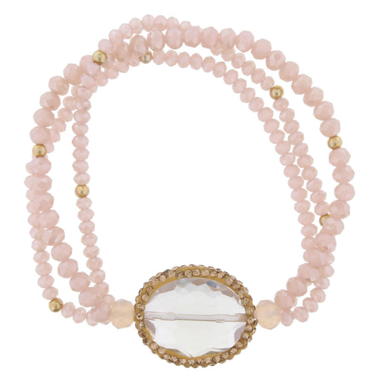 Pale Pink Beaded 3 Strand Stretch Bracelet with Pave Crystal