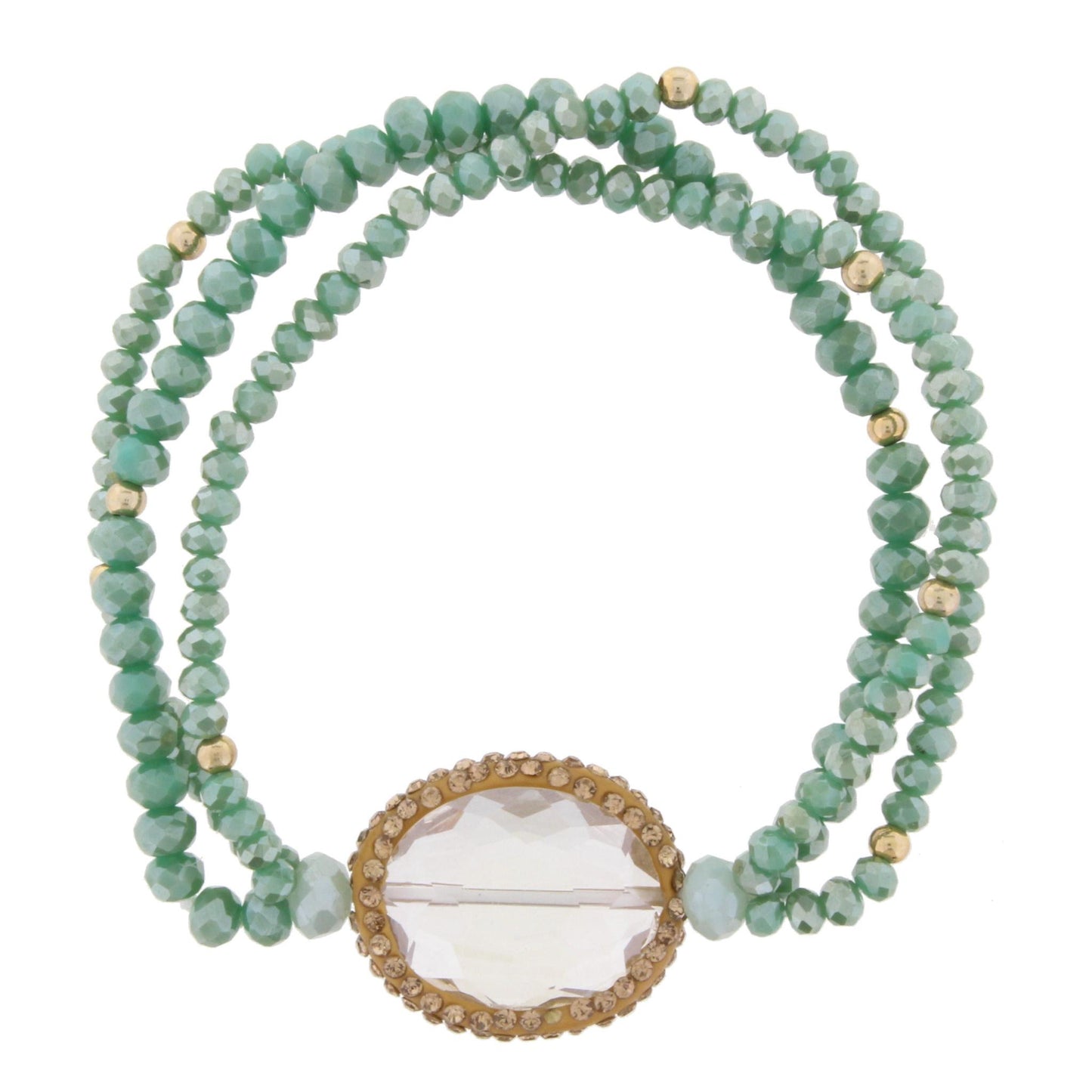 Teal Green Beaded 3 Strand Stretch Bracelet with Pave Crystal