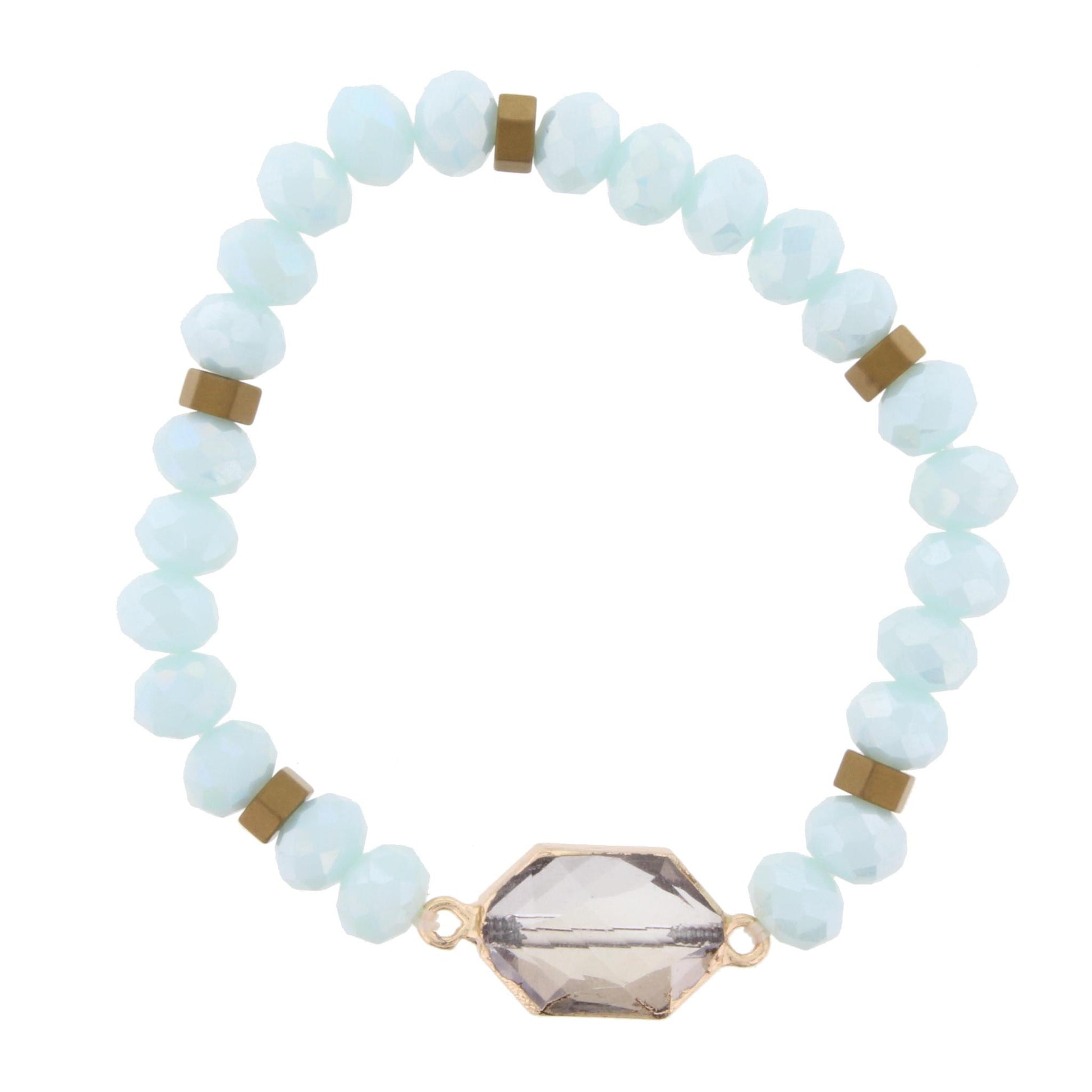Light Blue Beaded Stretch Bracelet with Crystal Hexagon