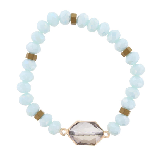 Light Blue Beaded Stretch Bracelet with Crystal Hexagon