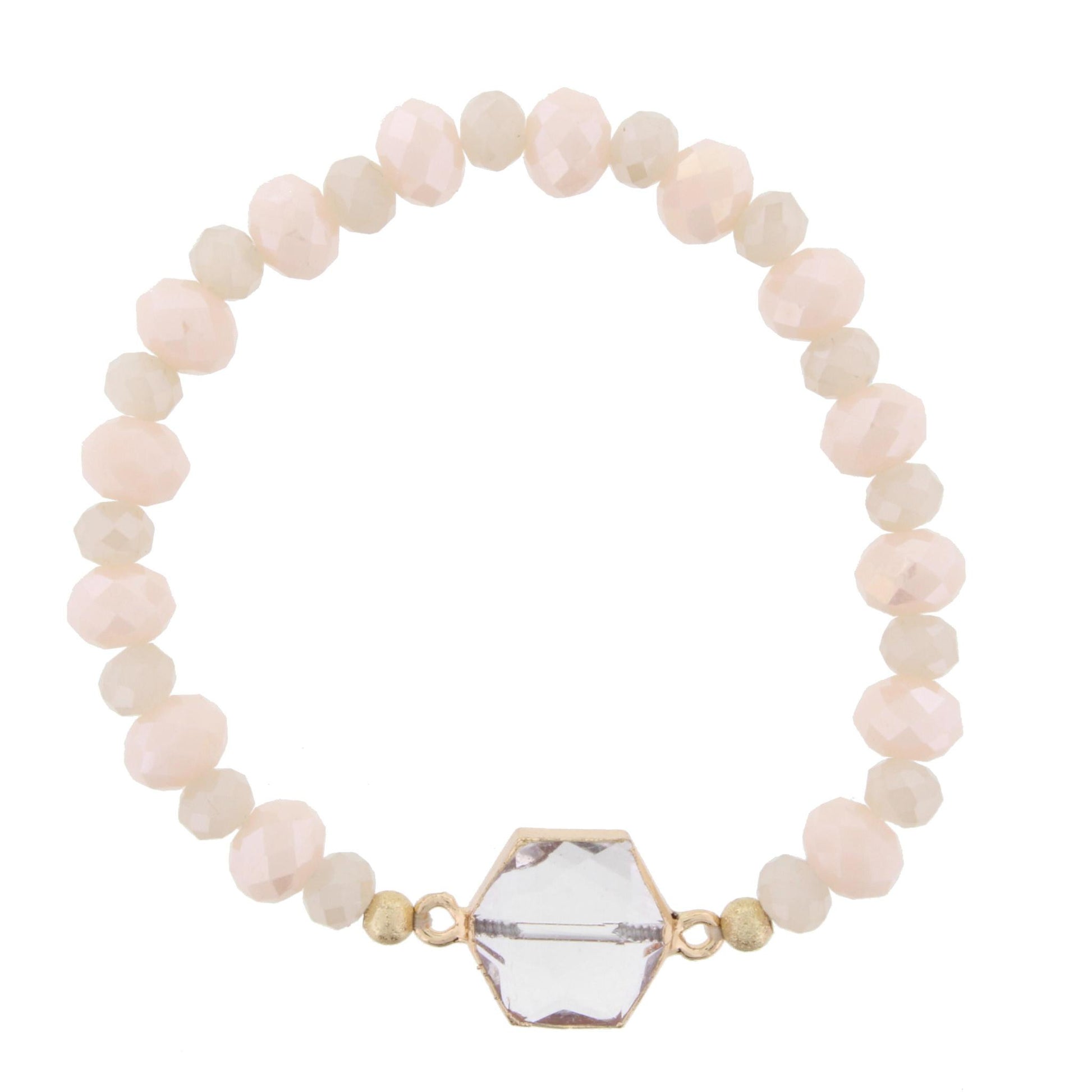 Champagne and Light Pink Beaded Stretch Bracelet with Crystal Hexagon