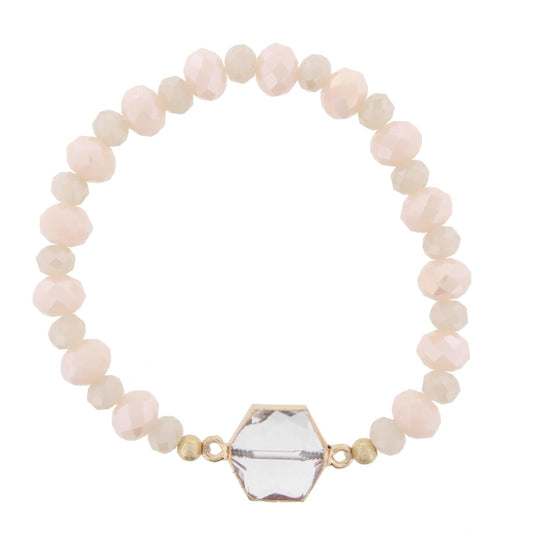 Champagne and Light Pink Beaded Stretch Bracelet with Crystal Hexagon