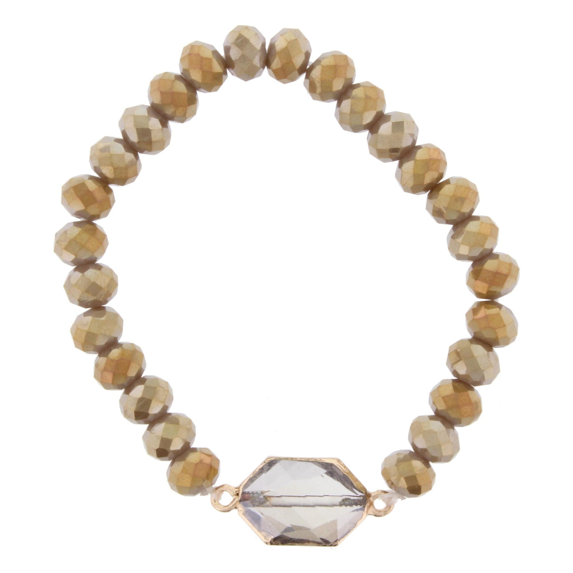 AB Greige Beaded Stretch Bracelet with Crystal Hexagon