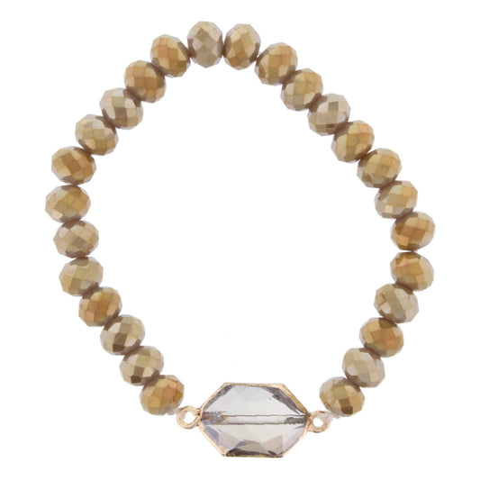 AB Greige Beaded Stretch Bracelet with Crystal Hexagon