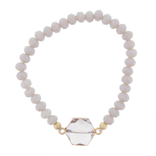 Grey Beaded Stretch Bracelet with Crystal Hexagon