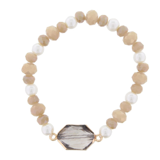 Dark Champagne Beaded Stretch Bracelet with Crystal Hexagon