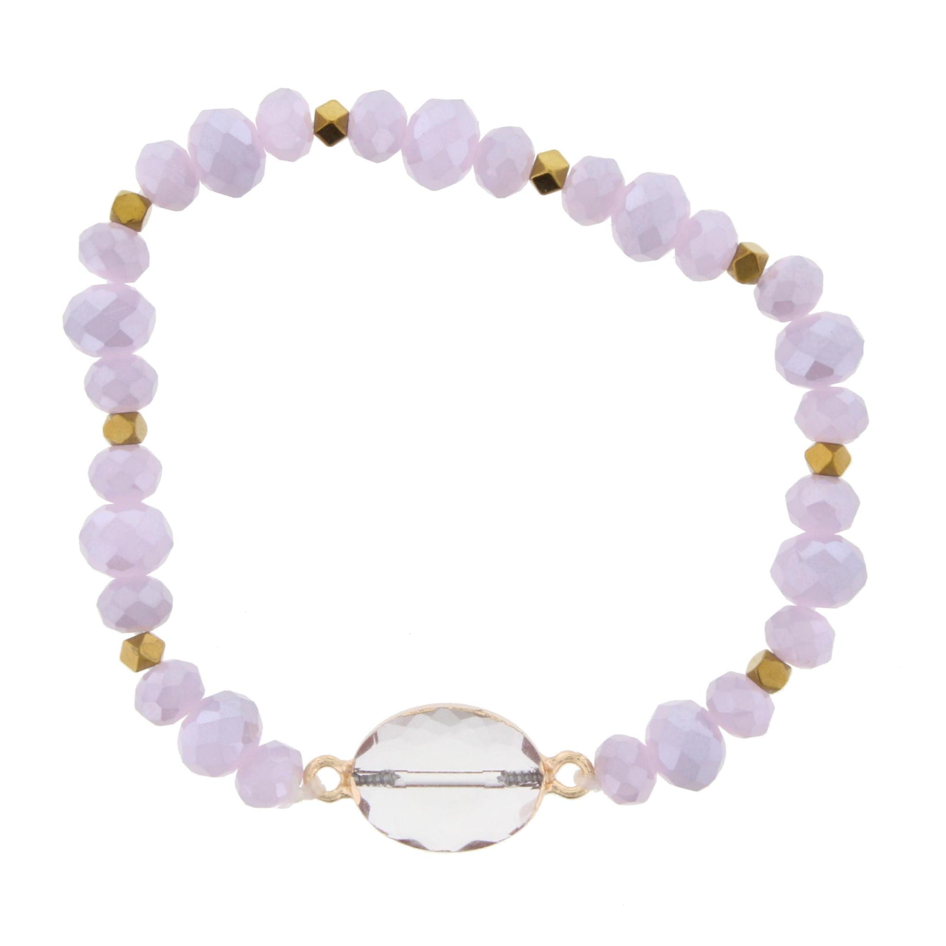 Lavender Beaded Stretch Bracelet with Crystal Oval