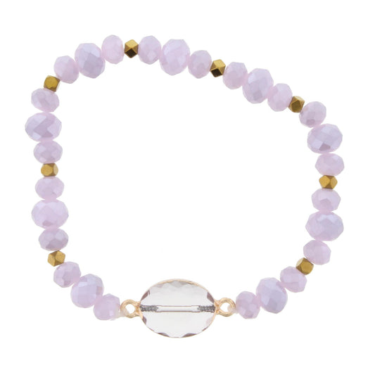Lavender Beaded Stretch Bracelet with Crystal Oval