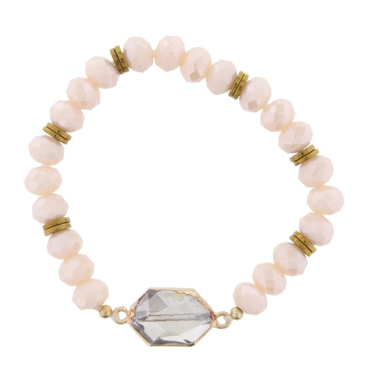 Light Pink Beaded Stretch Bracelet with Crystal Hexagon