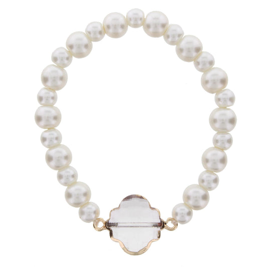 Pearl Beaded Stretch Bracelet with Crystal Ornate