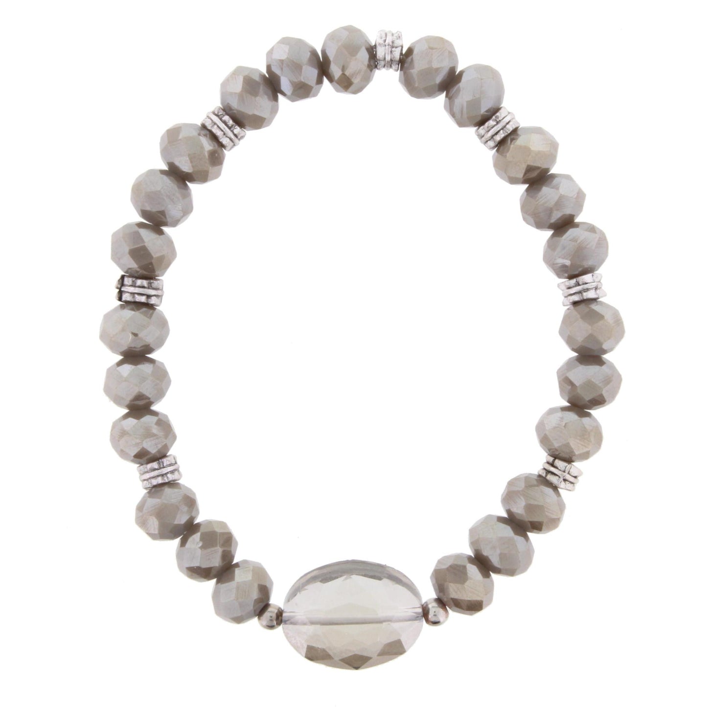 Greige Beaded Stretch Bracelet with Crystal Oval