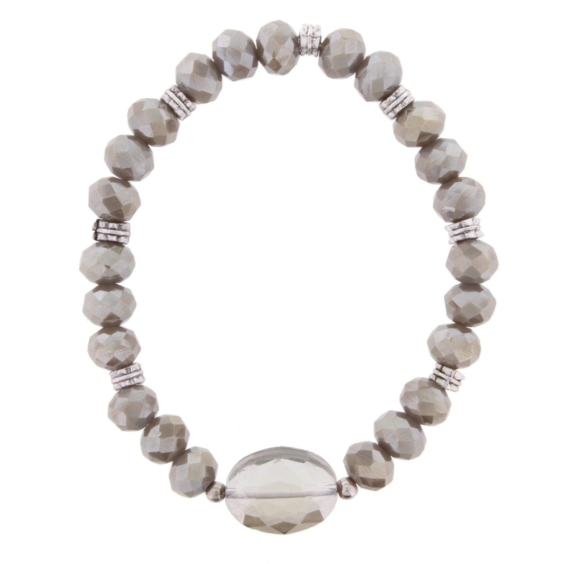 Greige Beaded Stretch Bracelet with Crystal Oval