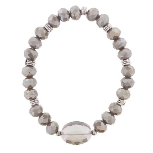 Greige Beaded Stretch Bracelet with Crystal Oval