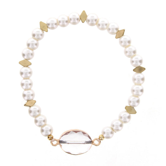 Pearl Beaded Stretch Bracelet with Crystal Oval