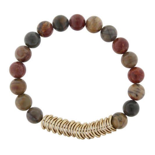 Multi Jasper Beaded Stretch Bracelet with Gold Wavy Disk Spacers