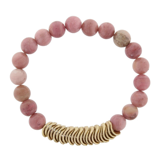 Rhodochrosite Beaded Stretch Bracelet with Gold Wavy Disk Spacers