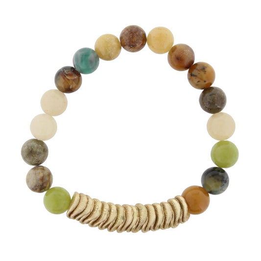 Serpentine Jade Beaded Stretch Bracelet with Gold Wavy Disk Spacers