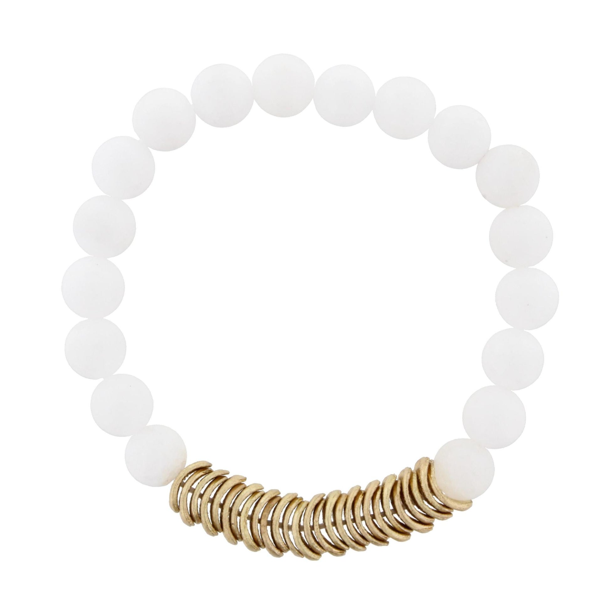 White Jade Beaded Stretch Bracelet with Gold Wavy Disk Spacers