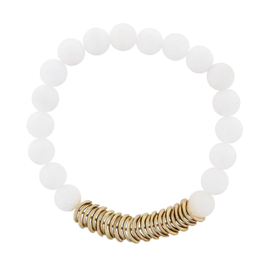 White Jade Beaded Stretch Bracelet with Gold Wavy Disk Spacers