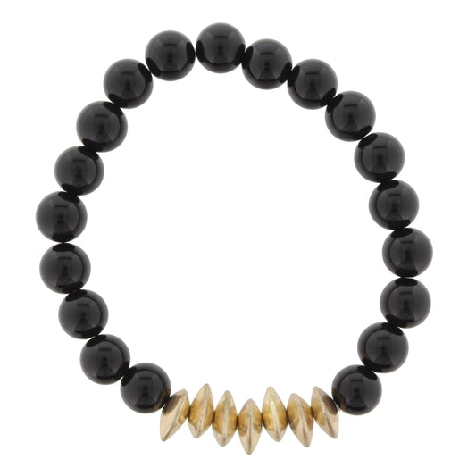 Black onyx Beaded Stretch Bracelet with Gold Triangle Spacers