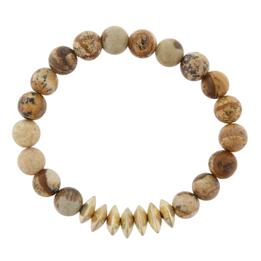 Picture Jasper Beaded Stretch Bracelet with Gold Triangle Spacers