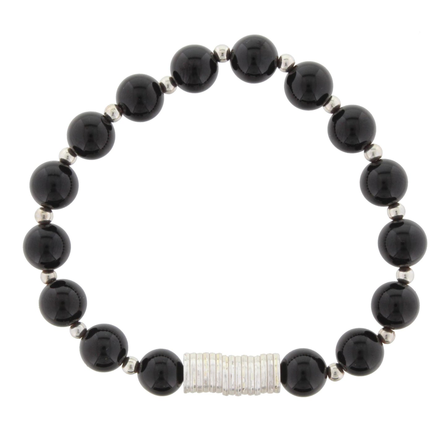 Black onyx Beaded Stretch Bracelet with Silver Disk Spacers