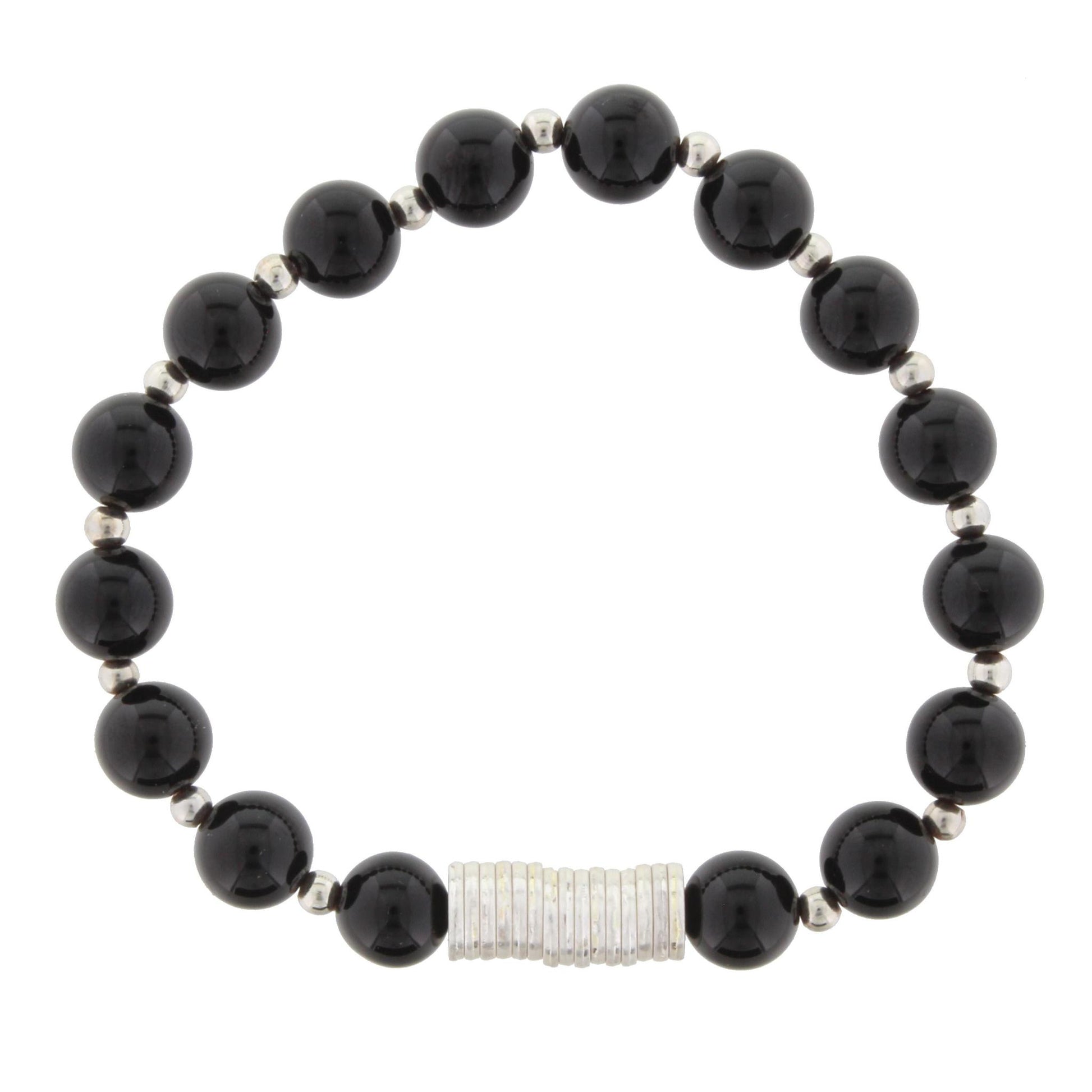 Black onyx Beaded Stretch Bracelet with Silver Disk Spacers