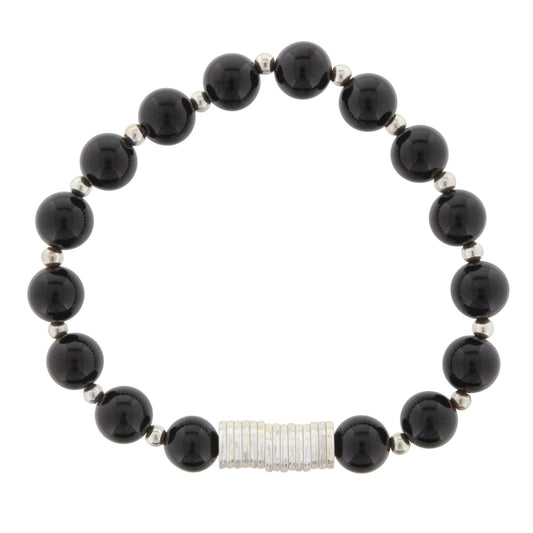 Black onyx Beaded Stretch Bracelet with Silver Disk Spacers