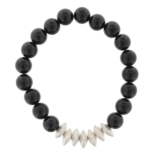 Black onyx Beaded Stretch Bracelet with Silver Triangle Spacers