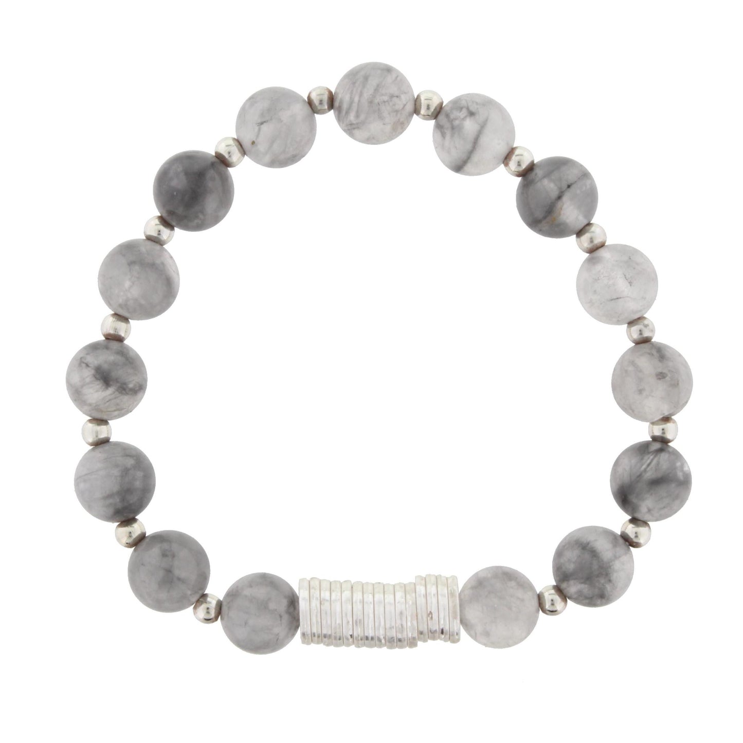 Grey Beaded Stretch Bracelet with Silver Disk Spacers
