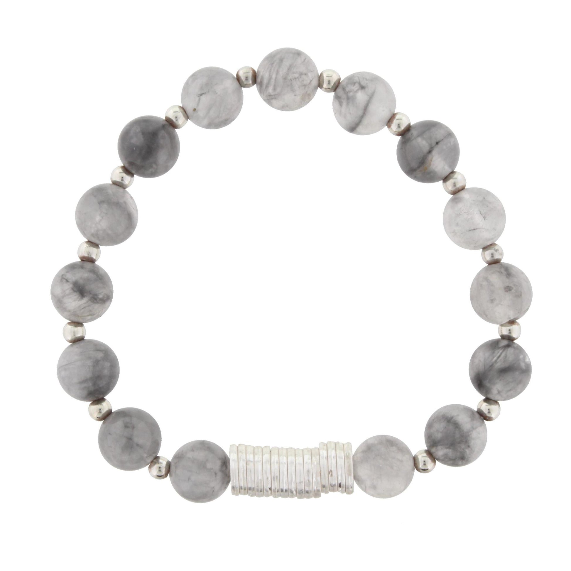 Grey Beaded Stretch Bracelet with Silver Disk Spacers