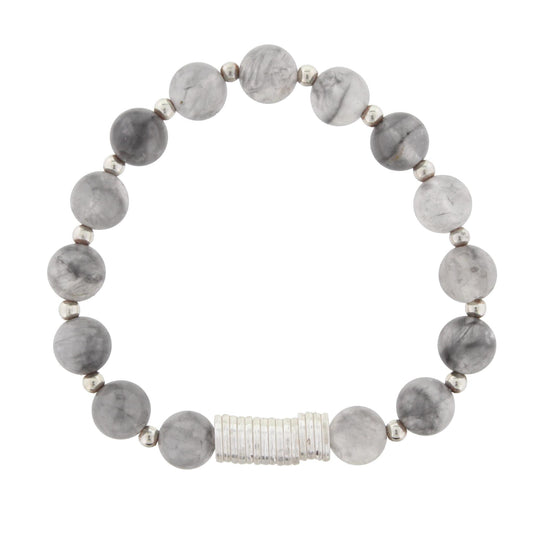 Grey Beaded Stretch Bracelet with Silver Disk Spacers