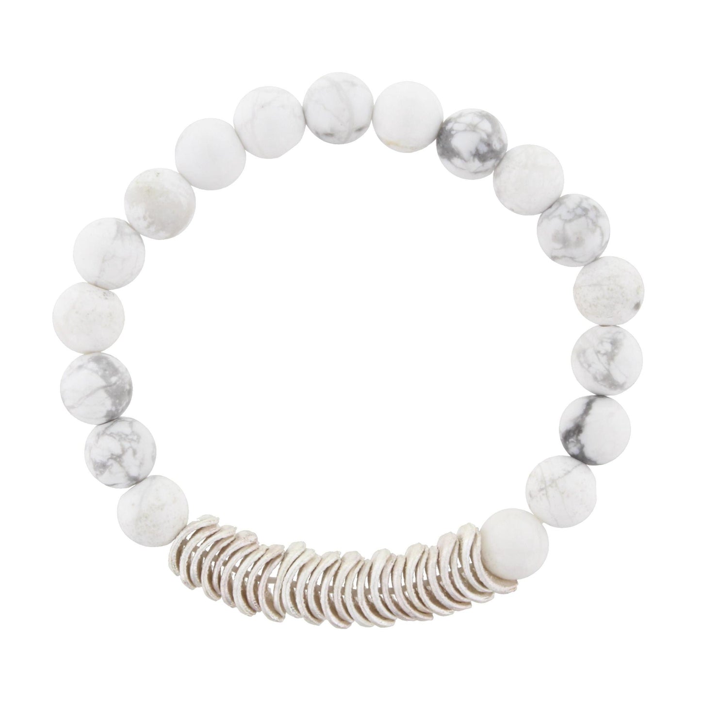 Howlite Beaded Stretch Bracelet with Silver Wavy Disk Spacers