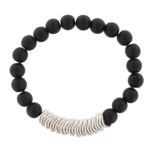 Jet Beaded Stretch Bracelet with Silver Wavy Disk Spacers