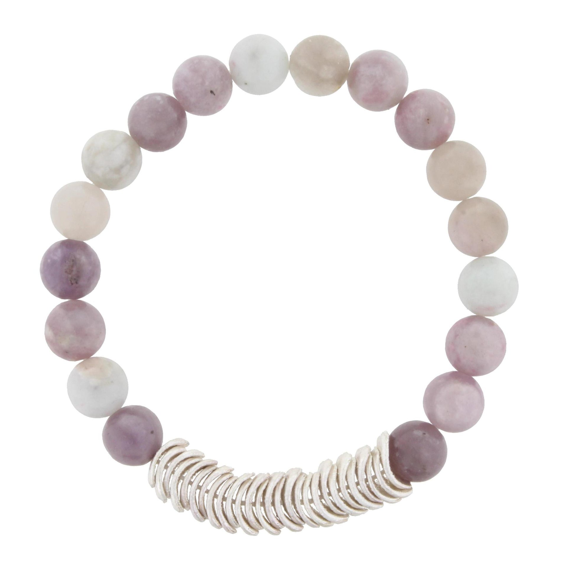 Lilac Beaded Stretch Bracelet with Silver Wavy Disk Spacers