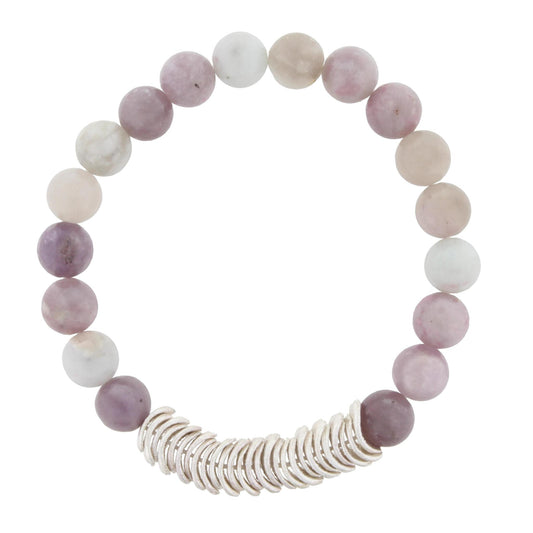 Lilac Beaded Stretch Bracelet with Silver Wavy Disk Spacers