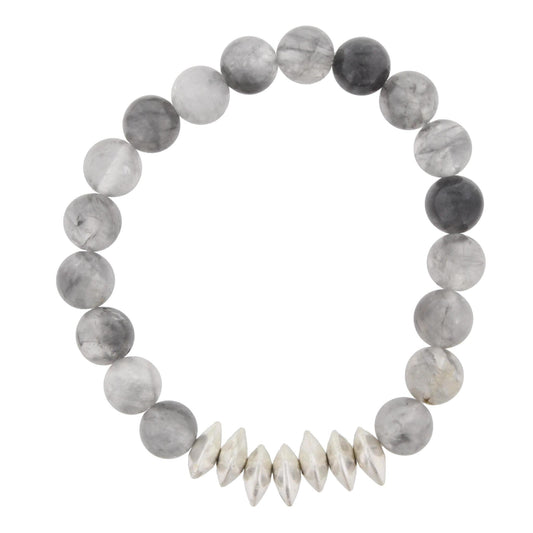 Grey Beaded Stretch Bracelet with Silver Triangle Spacers